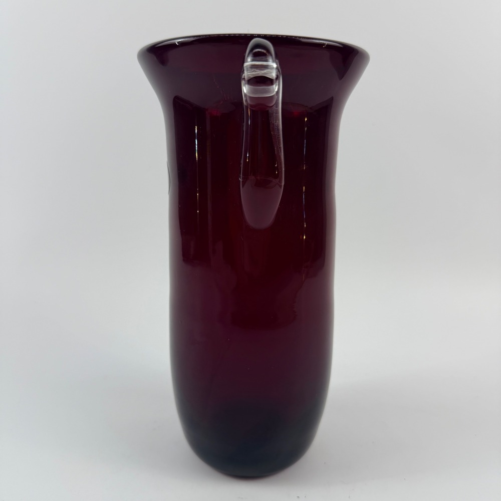 Blenko Ruby Red Glass Vase Non-Catalog Applied Clear Scroll Handles Silver Label - Picture 4 of 10